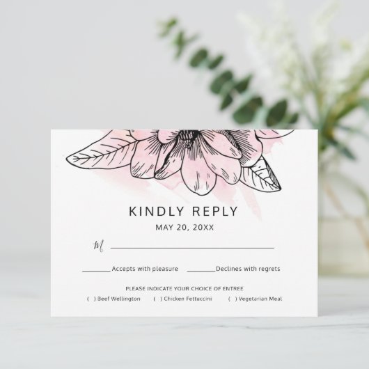 Eenvoudige Magnolia Roze Waterverf Maaltijdkeuze RSVP Kaartje (Staand voorkant)