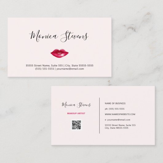 Eenvoudige make-up artist Chic Pink Lips en QR-cod Visitekaartje (Voorkant / Achterkant)