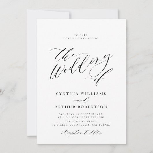 eenvoudige manuscript zwarte en witte trouwuitnodi kaart (Voorkant)