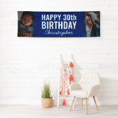 Eenvoudige Marine Blauw 2 Foto Happy Birthday Part Spandoek (Insitu)