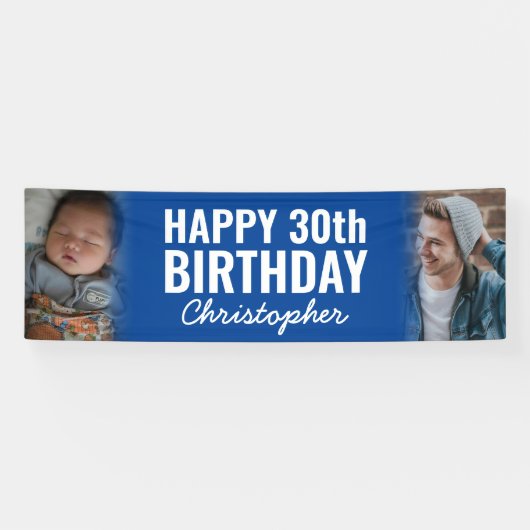 Eenvoudige Marine Blauw 2 Foto Happy Birthday Part Spandoek (Horizontaal)
