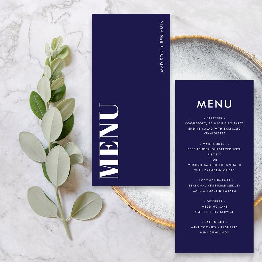 Eenvoudige marine blauw en wit vet moderne bruilof menu