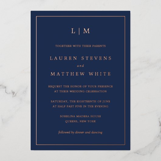 Eenvoudige Marine Blauw Monogram Elegante Huwelijk Folie Uitnodiging (Voorkant)