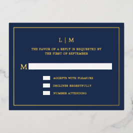 Eenvoudige Marine Blauw Monogram Elegante Huwelijk Folie Uitnodiging Briefkaart
