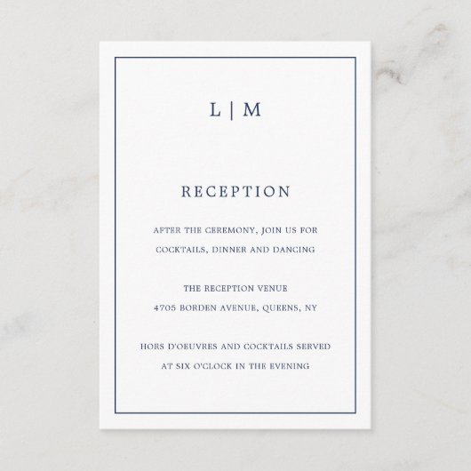 Eenvoudige Marine Blauw Monogram Elegante Huwelijk Informatiekaartje (Voorkant)