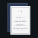Eenvoudige Marine Blauw Monogram Elegante Huwelijk Informatiekaartje<br><div class="desc">Eenvoudige Wedding Enclosure-kaart met een modern maar elegant ontwerp met twee Letter-monogram bovenaan en uw ontvangstinformatie omgeven door een dunne rand. Alle ontwerpelementen zijn blauw in de marine en kunnen in het het ontwerpuitgeven hulpmiddel worden veranderd. Een stijlvol en stijlvol ontwerp dat ideaal is voor een minimalistisch koppel. Deze behuizingskaarten...</div>