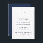 Eenvoudige Marine Blauw Monogram Elegante Huwelijk Informatiekaartje<br><div class="desc">Eenvoudige Wedding Enclosure-kaart met een modern maar elegant ontwerp met twee Letter-monogram bovenaan en uw ontvangstinformatie omgeven door een dunne rand. Alle ontwerpelementen zijn blauw in de marine en kunnen in het het ontwerpuitgeven hulpmiddel worden veranderd. Een stijlvol en stijlvol ontwerp dat ideaal is voor een minimalistisch koppel. Deze behuizingskaarten...</div>