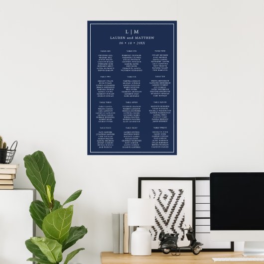 Eenvoudige Marine Blauw Monogram Elegante Huwelijk Poster (Thuiskantoor)