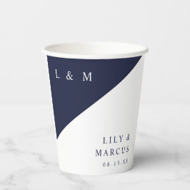 Eenvoudige Marine Blauw Wit Elegant Monogram Huwel Papieren Bekers