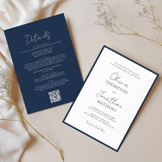 Eenvoudige Marine Blue Border Script QR Code Weddi Kaart