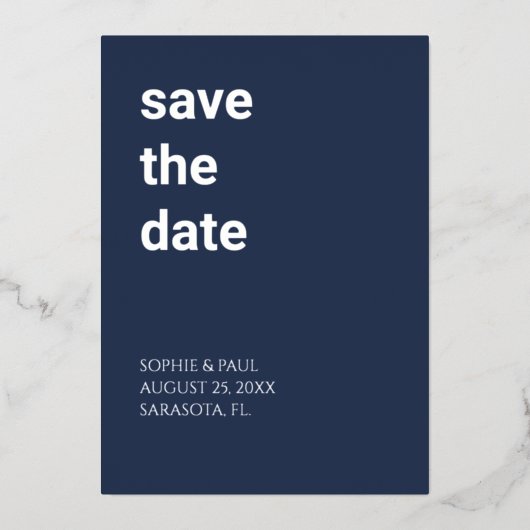 Eenvoudige marine Blue Save the Date Folie Invitat Uitnodiging (Voorkant)