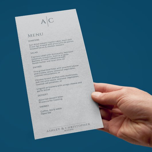 Eenvoudige marine & grijs monogram bruiloft recept menu