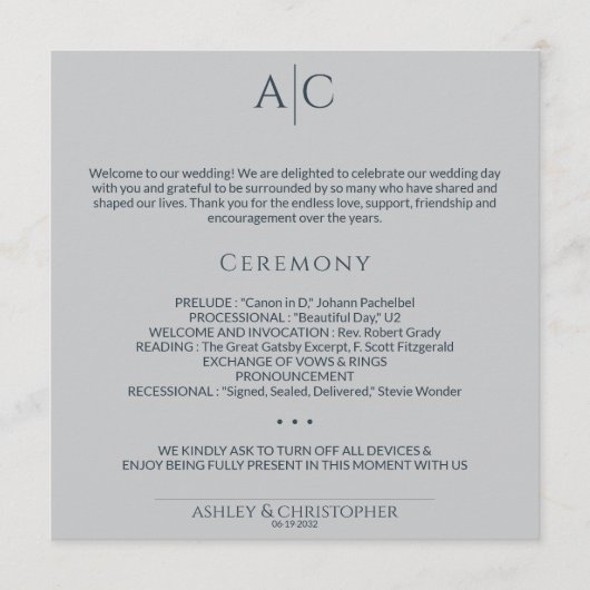 Eenvoudige Marine & Staal Grijs Monogram Huwelijks Programmakaart (Voorkant)