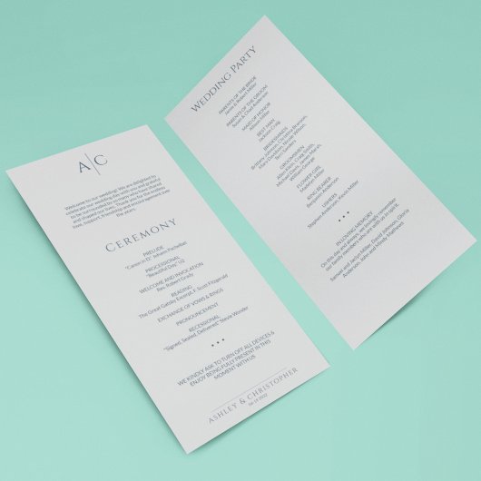 Eenvoudige Marine & Staal Grijs Monogram Huwelijks Programmakaart