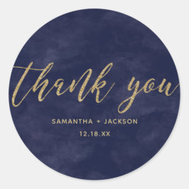 Eenvoudige Marine Waterverf & Gouden Monogram Brui Ronde Sticker