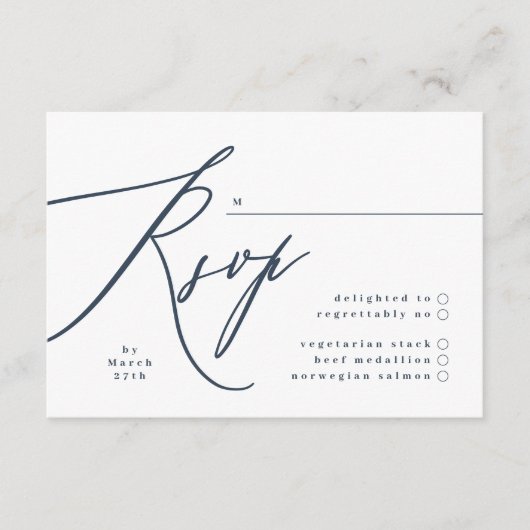 Eenvoudige marineblauw en witte moderne kalligrafi RSVP kaartje (Voorkant)