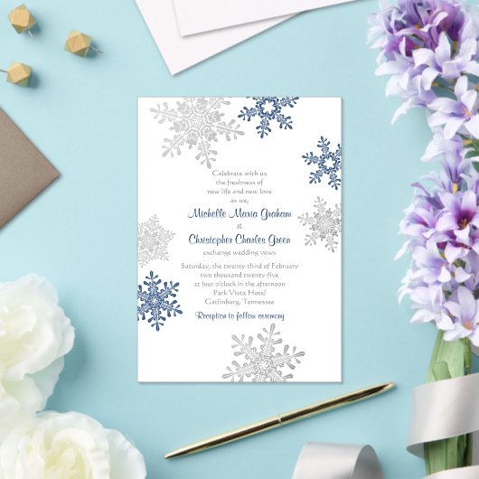 Eenvoudige marineblauw Silver Snowflake Winter Wed Acryl Uitnodigingen (Insitu (Huwelijk))