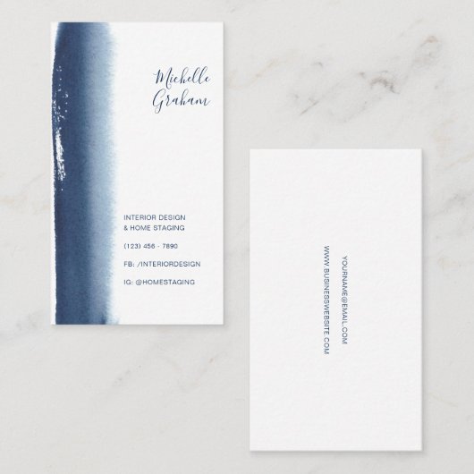 Eenvoudige marineblauw Waterverf Modern Visitekaartje (Voorkant / Achterkant)