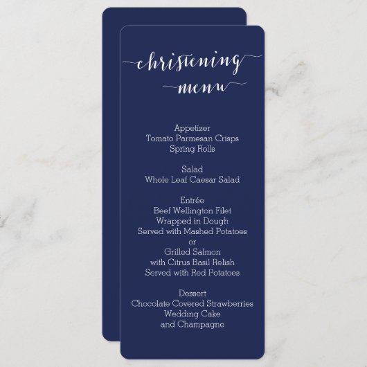 Eenvoudige marineblauwe doopmenu kaarten (Voorkant / Achterkant)