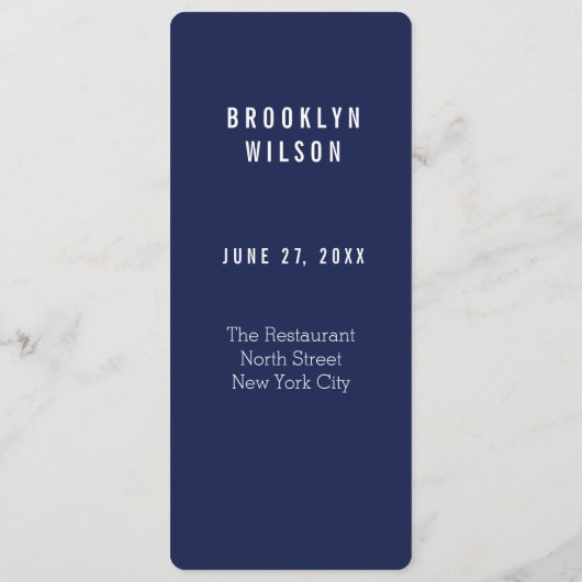 Eenvoudige marineblauwe doopmenu kaarten (Achterkant)