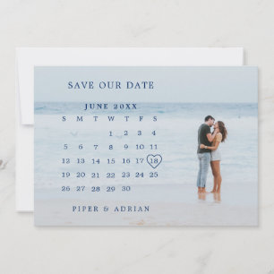 Eenvoudige marineblauwe fotokalender bruiloft save the date