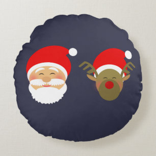 Eenvoudige marineblauwe Kerstman & Rendier Rond Kussen
