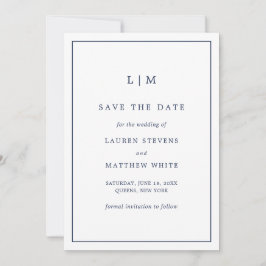 Eenvoudige marineblauwe monogram elegante trouw save the date
