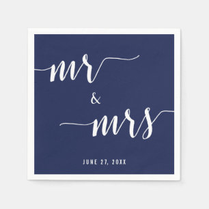 Eenvoudige marineblauwe Mr. en Mrs. trouw servette Servet