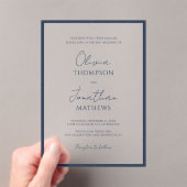 Eenvoudige marineblauwe rand witte script bruiloft acryl uitnodigingen (Insitu (Draagbaar))