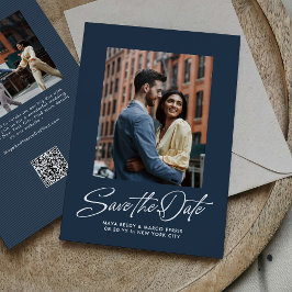 Eenvoudige marineblauwe trendy script twee foto's save the date