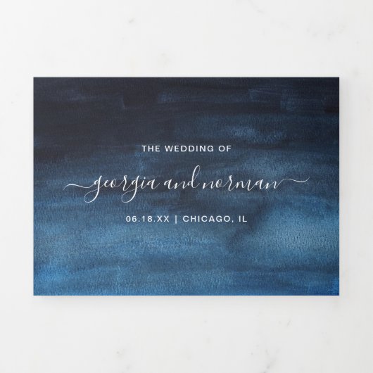 Eenvoudige marineblauwe Waterverf moderne bruiloft Drieluik Uitnodiging (Cover)
