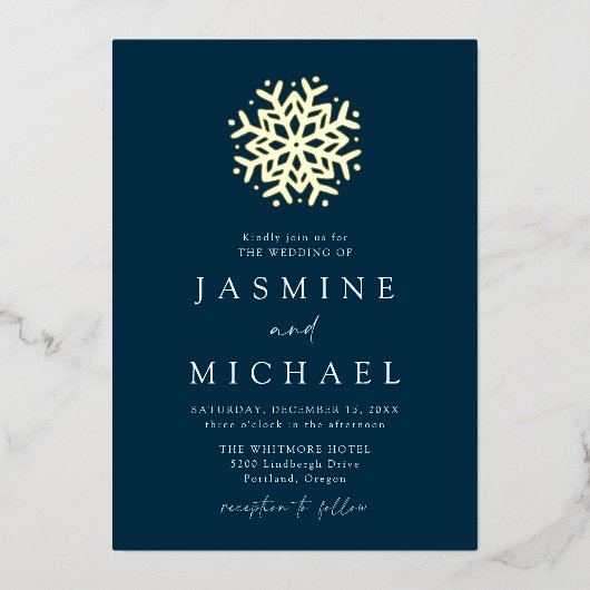 Eenvoudige marineslag en goudsneeuwweddenschap folie uitnodiging (Voorkant)