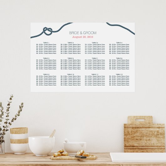 Eenvoudige marinesurft Blue Knot Wedding Seating C Poster (Keuken)