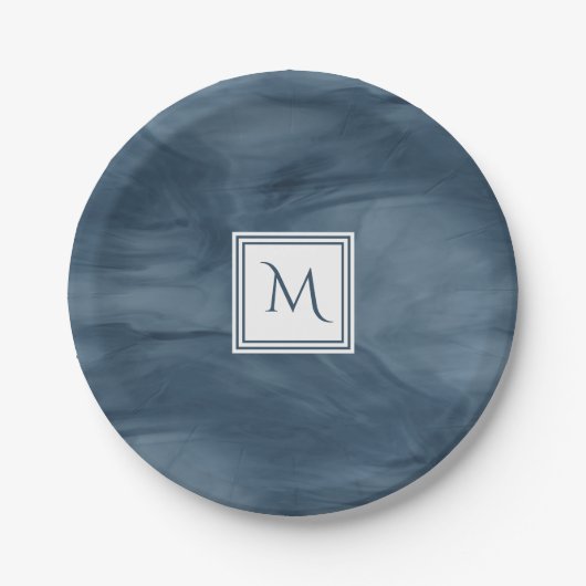 Eenvoudige marmer Blue Subtle Marble Modern Monogr Papieren Bordje (Voorkant)