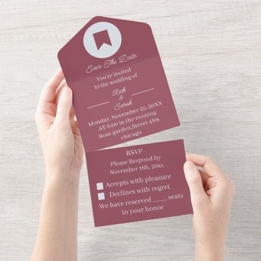 Eenvoudige Maroon Aangepaste Bewaar De Datum All In One Uitnodiging (Afscheurbaar)