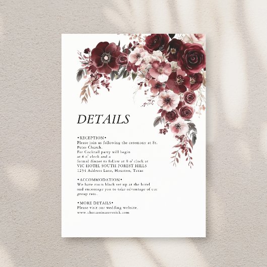 Eenvoudige Maroon Bourgogne Bloemen Informatiekaartje