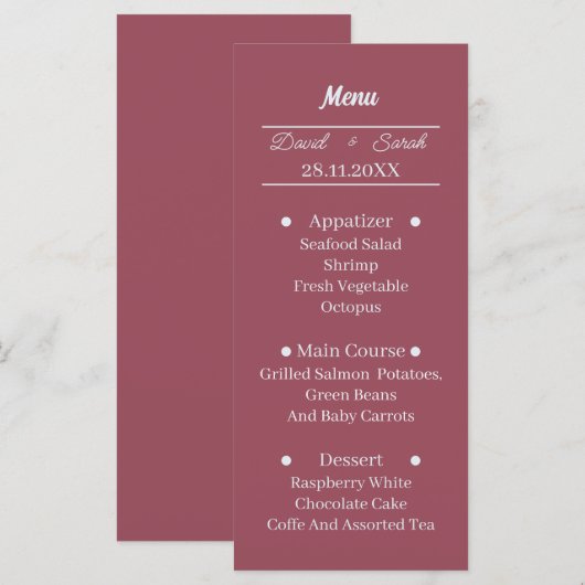 Eenvoudige Maroon Custom bruiloft diner Menu (Voorkant / Achterkant)
