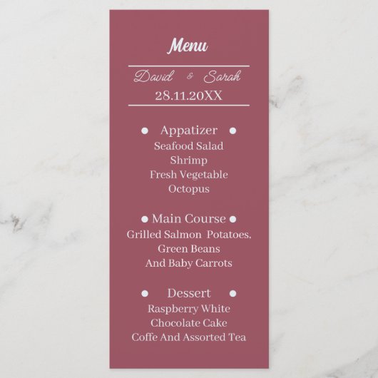 Eenvoudige Maroon Custom bruiloft diner Menu (Voorkant)
