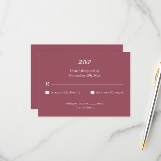 Eenvoudige Maroon Custom Wedding RSVP Kaartje (Voorkant / Achterkant in situ)