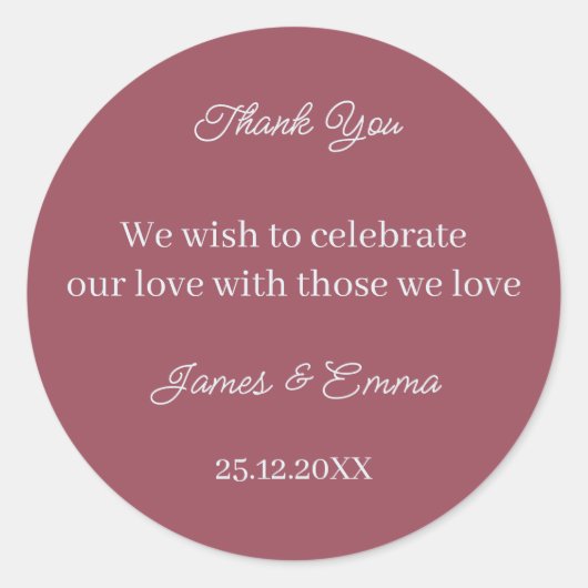 Eenvoudige Maroon gepersonaliseerde bruiloft Ronde Sticker (Voorkant)