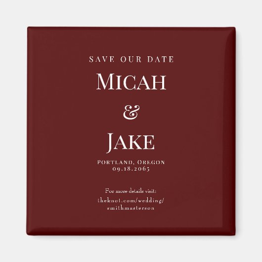 Eenvoudige Maroon & Witte Bruiloft Bewaar onze Dat Magneet (Voorkant)