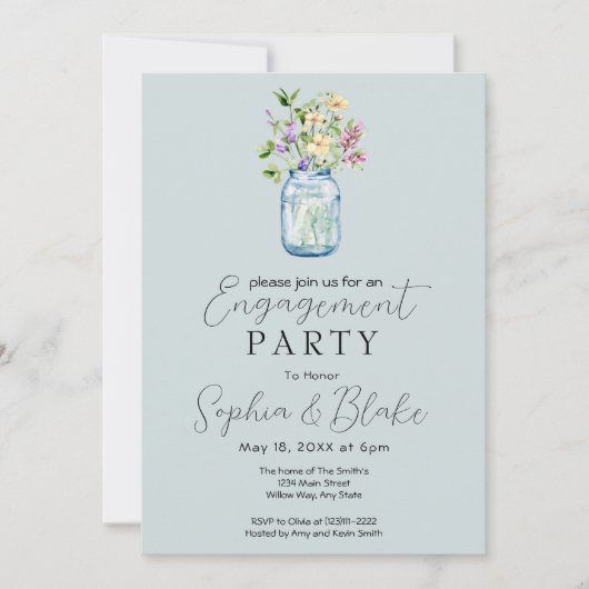 Eenvoudige Mason Jar Bouquet Blue Engagement Party Kaart (Voorkant)
