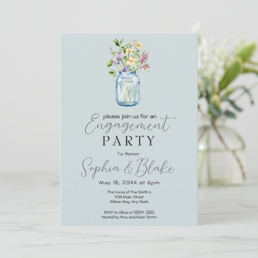 Eenvoudige Mason Jar Bouquet Blue Engagement Party Kaart (Staand voorkant)