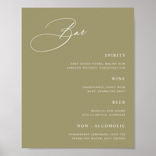 Eenvoudige Matcha Green Wedding Bar Menu Poster (Voorkant)