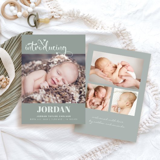 Eenvoudige Matig Manuscript Foto Collage Sage Birt Aankondiging