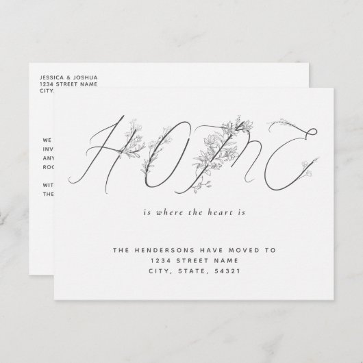 Eenvoudige mededeling van Floral Script New Home M Briefkaart (Voorkant / Achterkant)