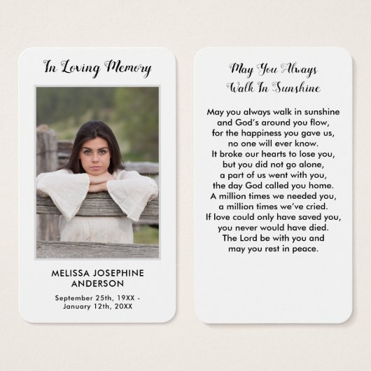Eenvoudige Memorial Fotosympathie Funeral Prayer K Visitekaartje (Voorkant /achterkant)