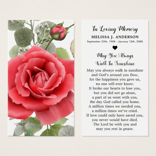 Eenvoudige Memorial Red Rose Funeral Prayer Kaart (Voorkant /achterkant)