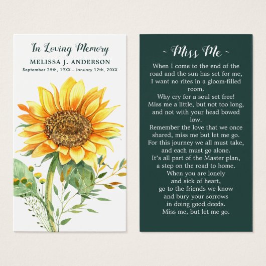 Eenvoudige Memorial Sunflower Funeral Prayer Kaart (Voorkant /achterkant)