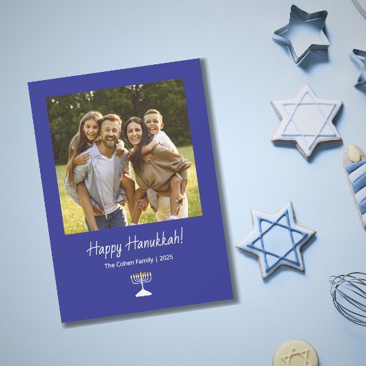 Eenvoudige Menorah Moderne Familiefoto Chanoeka Feestdagenkaart